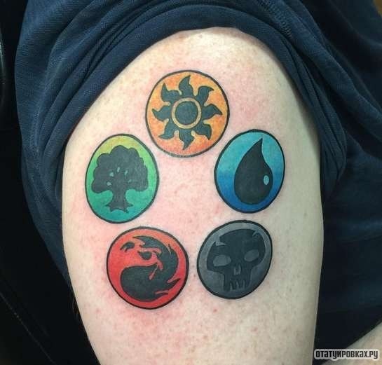 Фотография татуировки под названием «Символы с разными цветами»