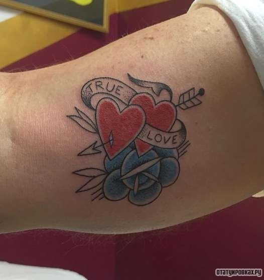 Фотография татуировки под названием «Сердце, ленты, надпись»