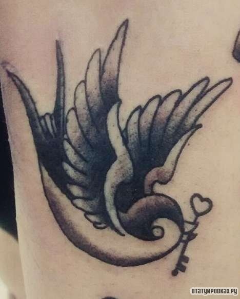 Фотография татуировки под названием «Ласточка с ключом в клюве»