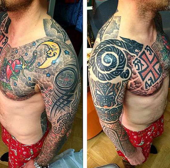 Славянский стиль татуировки на груди и руке