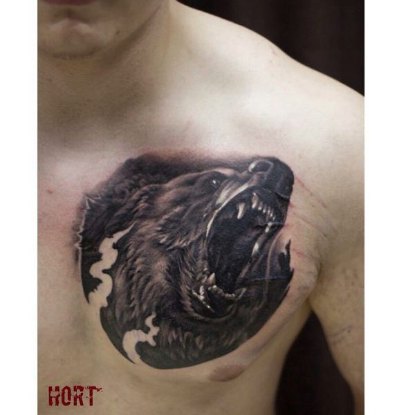 Татуировка оскал медведя на груди