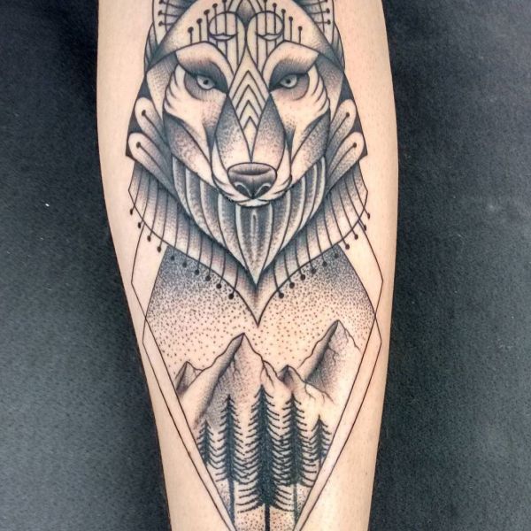 Татуировка дотворк на предплечье в виде волка
