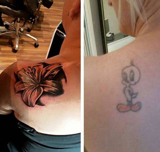 Татуировка на плече у девушки, реставрация тату в лилию