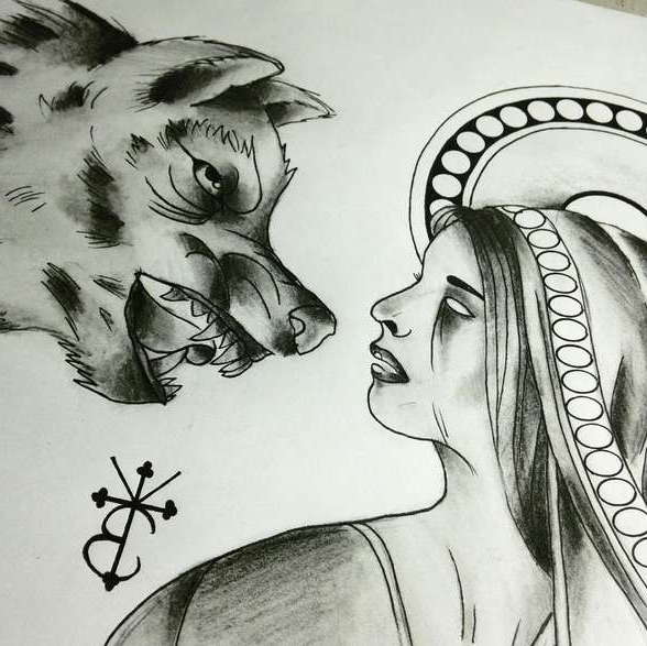 Эскиз татуировки волк, который рычит на девушку