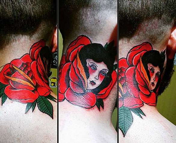 Стиль татуировки на шее олд скул: падшая женщина в розе
