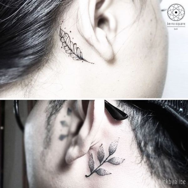 Минималистичная татуировка за ухом девушки ветки листьев