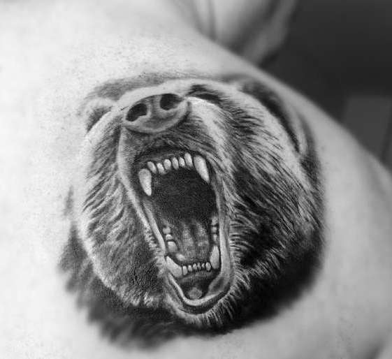 Оскал медведя, татуировка на лопатке
