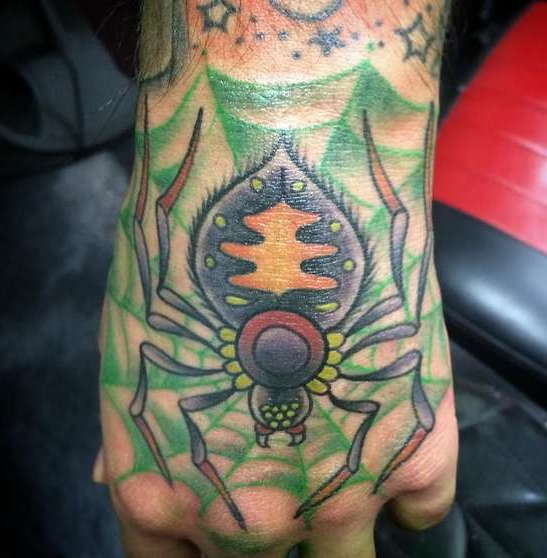 Паук в зеленой паутине на руке