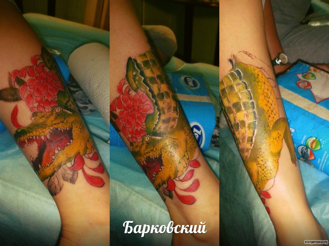 Фотография татуировки под названием «Крокодил и пион»