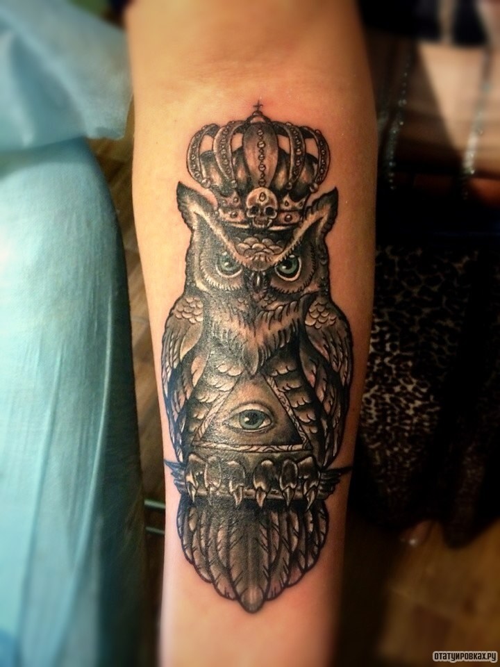 Фотография татуировки под названием «Сова в короне и всевидящее око»