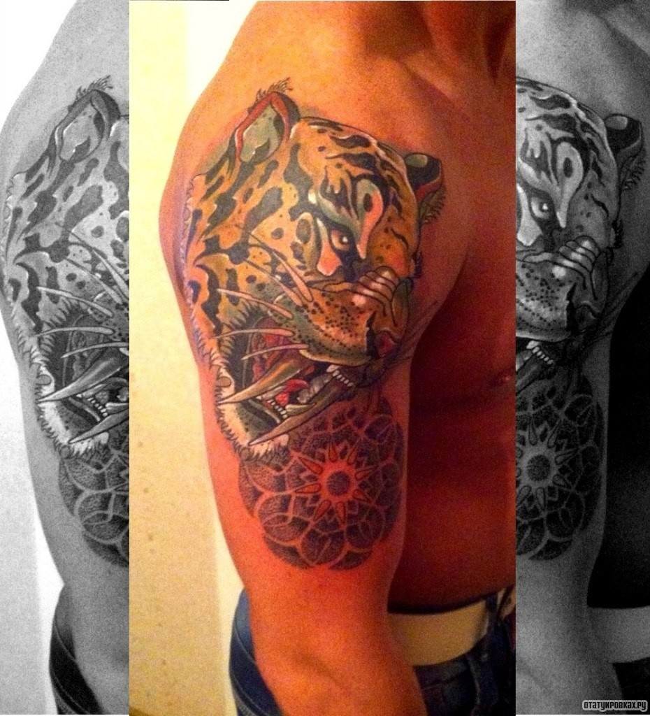 Фотография татуировки под названием «Ягуар и узор в стиле дотворк»