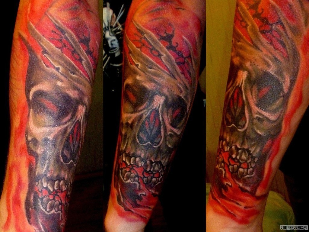 Фотография татуировки под названием «Череп на красном фоне»