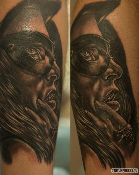 Фотография татуировки под названием «Лицо девушки в маске»