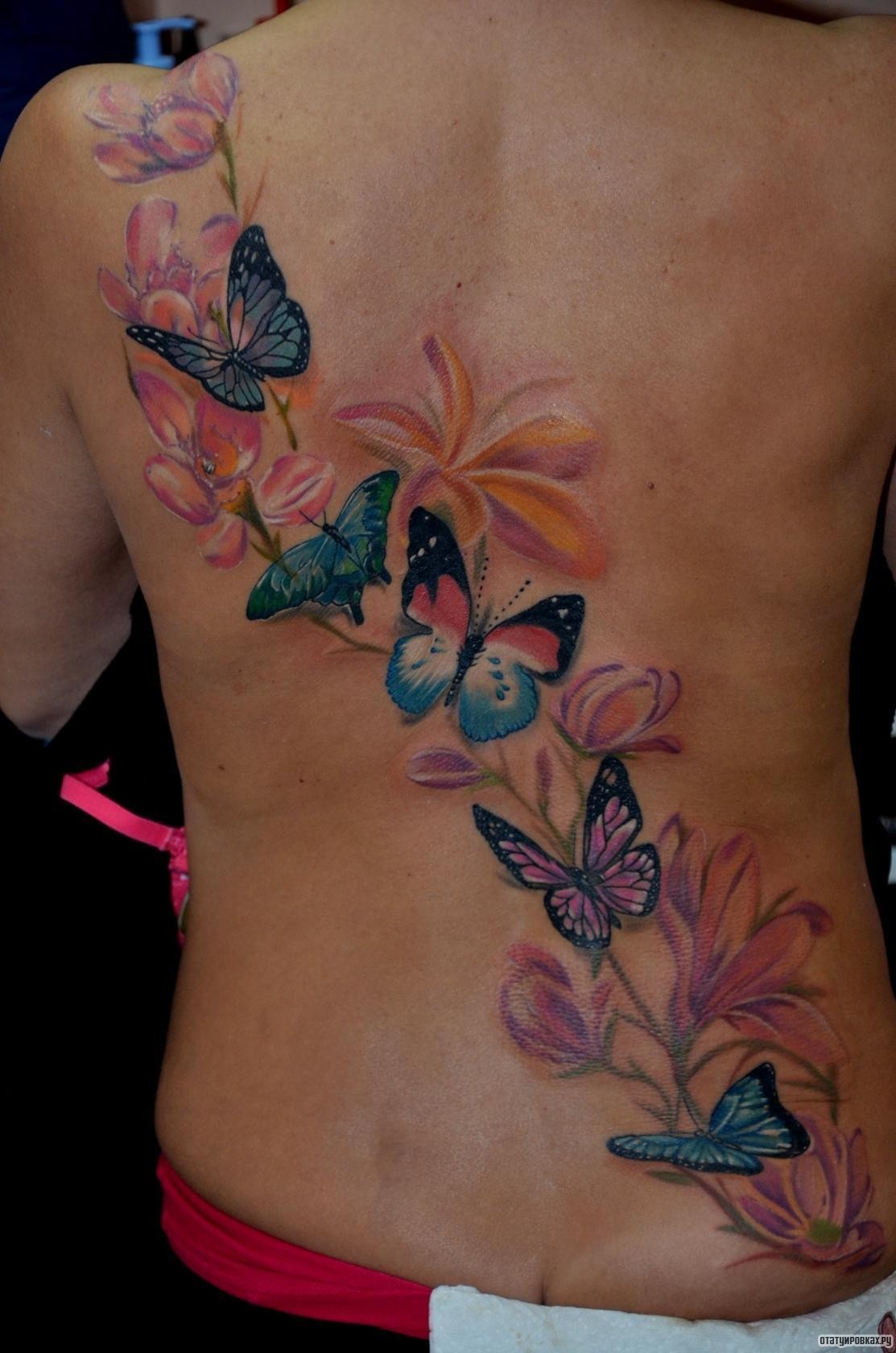 Фотография татуировки под названием «Бабочка и плюмерия в цвете»