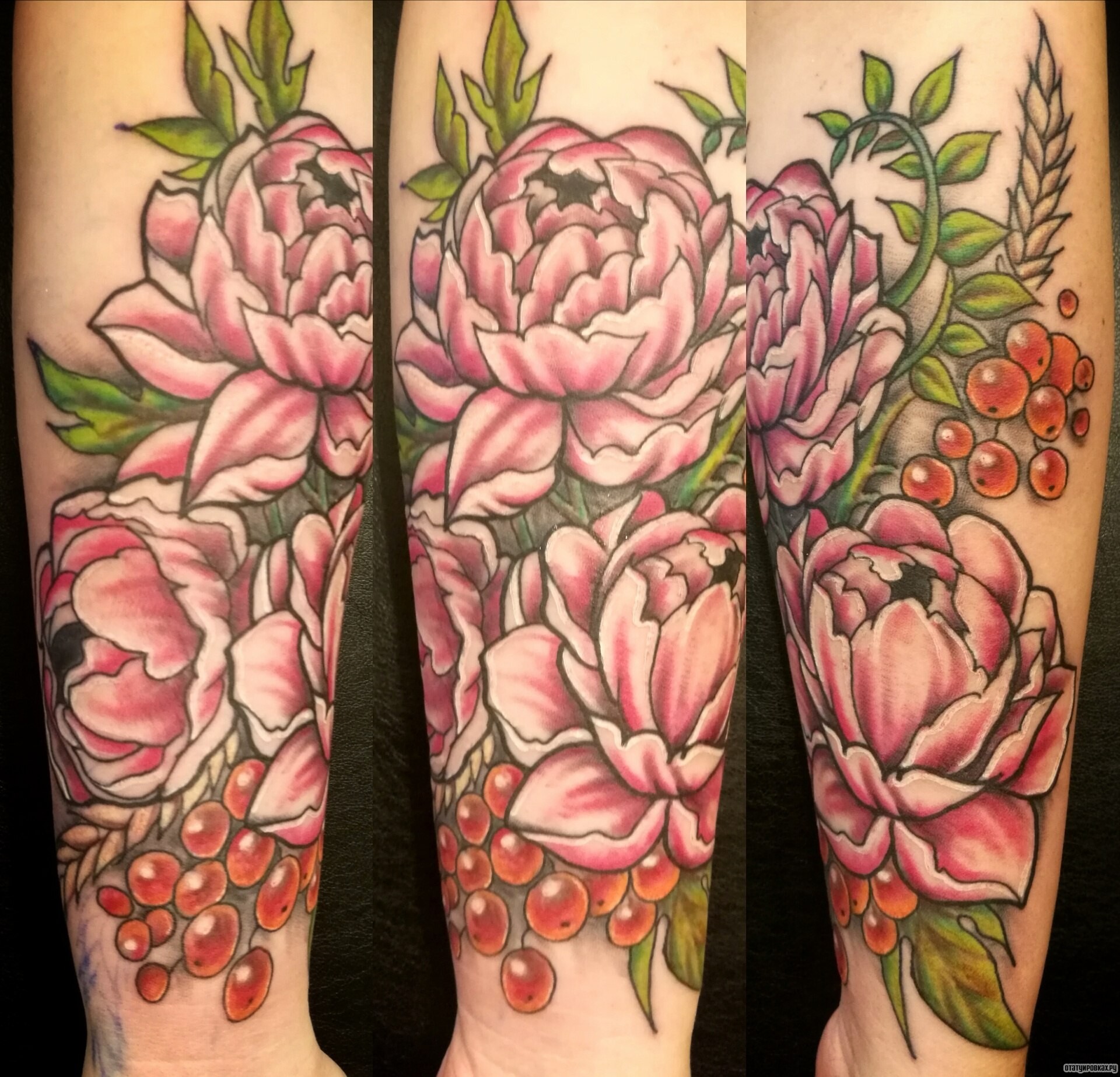 Фотография татуировки под названием «Пион и ягода»