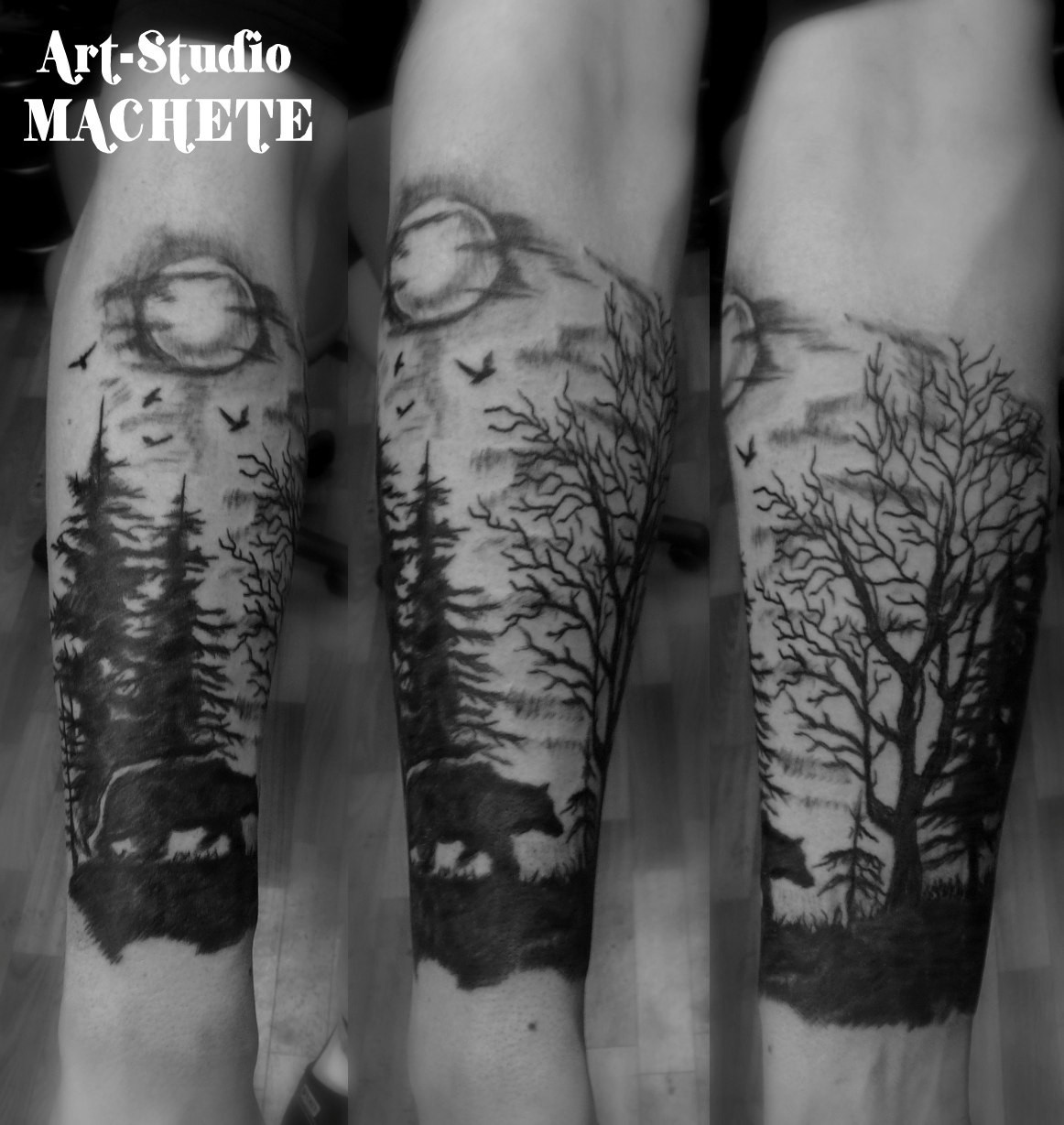 Фотография татуировки под названием «Деревья и медведь»