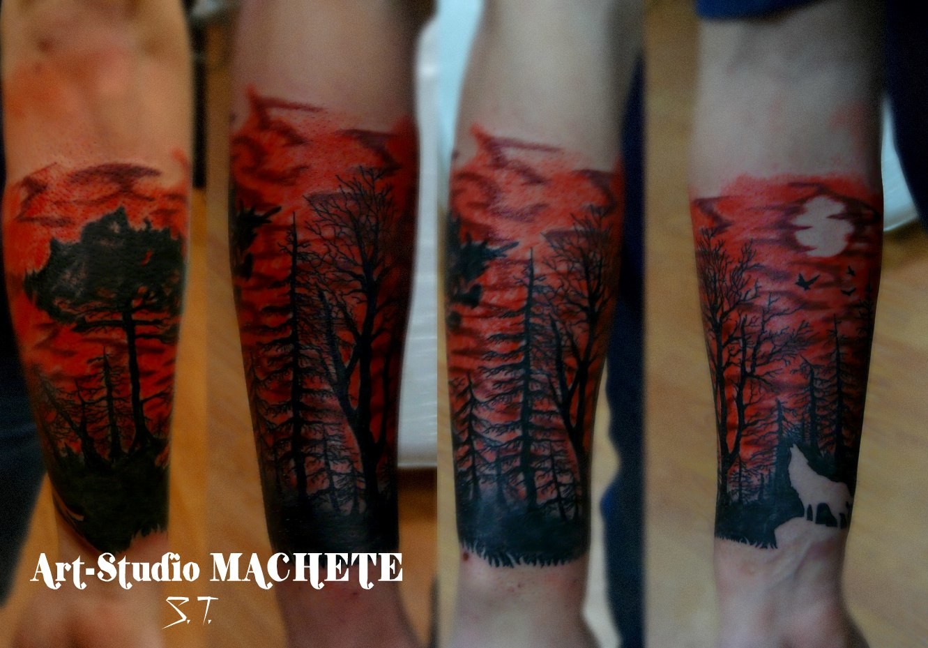 Фотография татуировки под названием «Красное небо с деревьями»