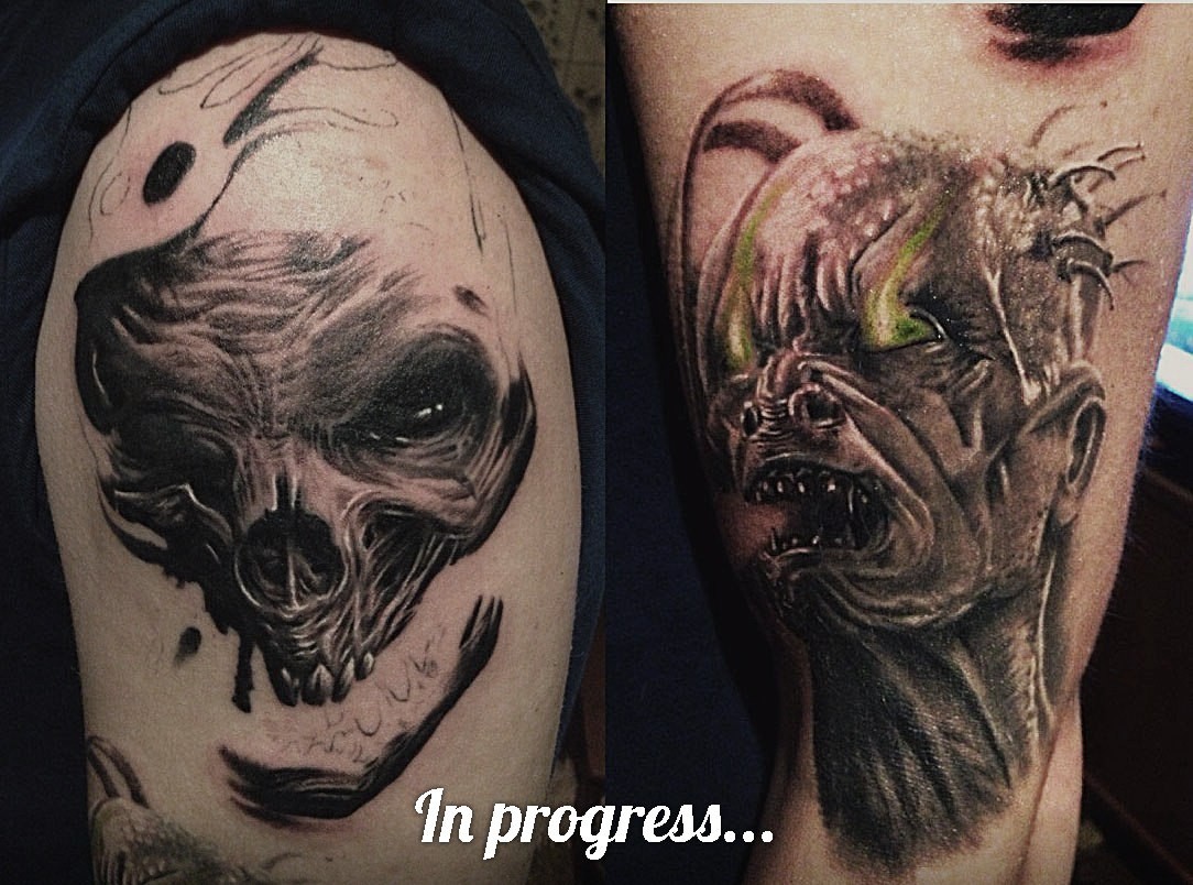 Фотография татуировки под названием «Дьявол и череп»