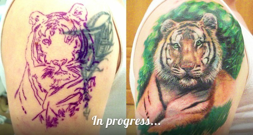 Фотография татуировки под названием «Тигр на фоне зелени»