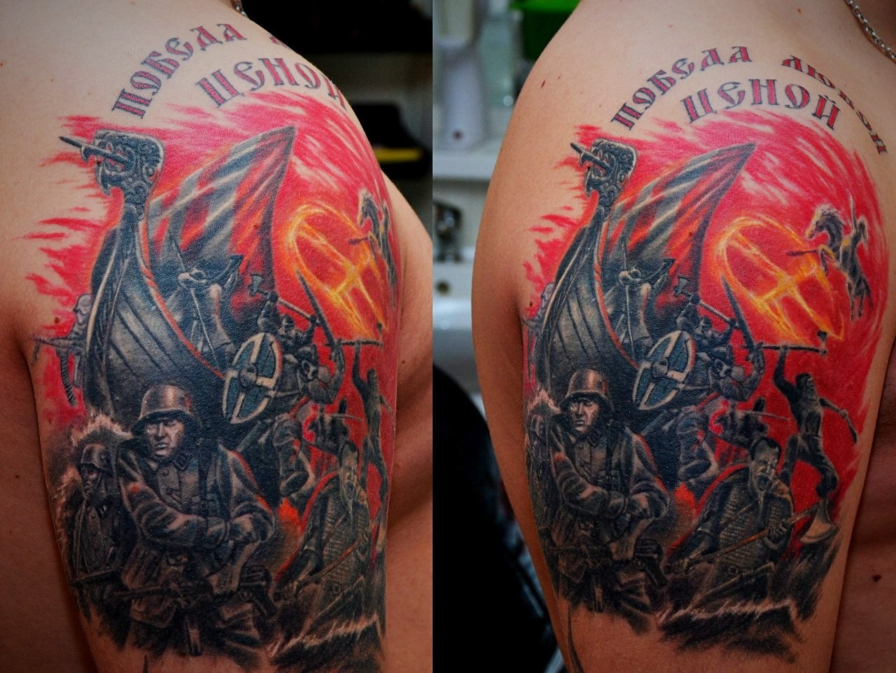 Фотография татуировки под названием «Сражение и корабль»