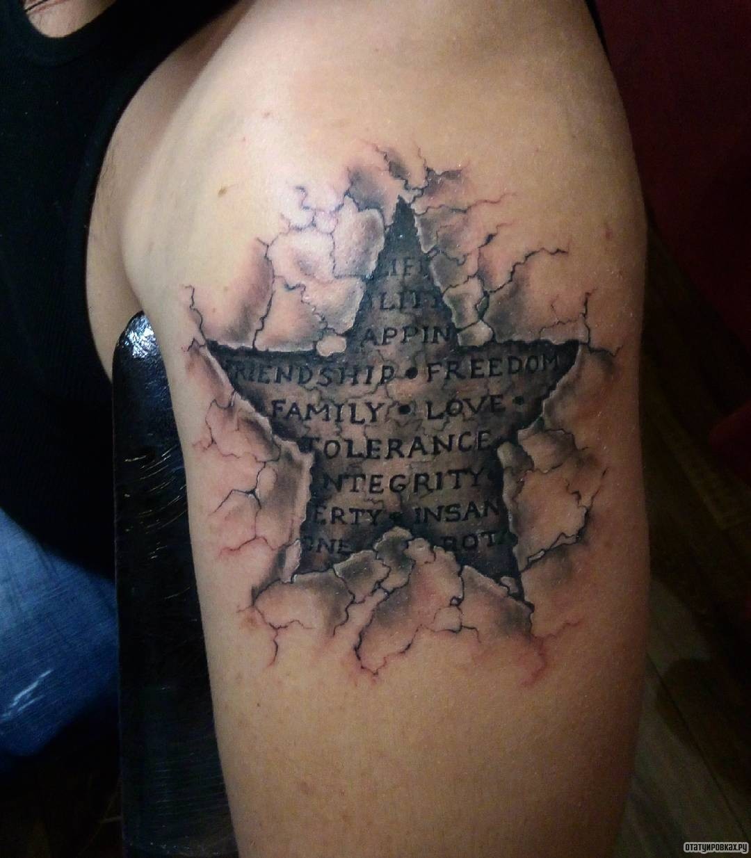 Фотография татуировки под названием «Звезда и надпись»