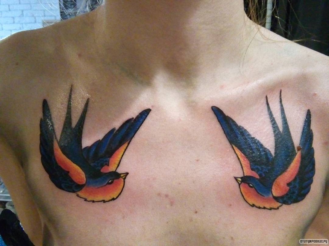 Фотография татуировки под названием «Две ласточки»