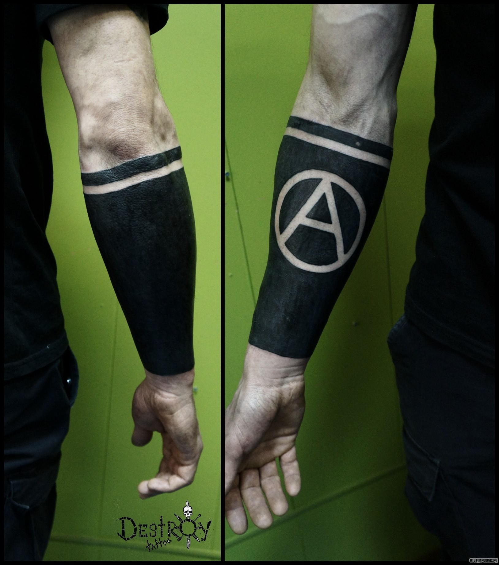 Фотография татуировки под названием «Черное предплечье буква а»
