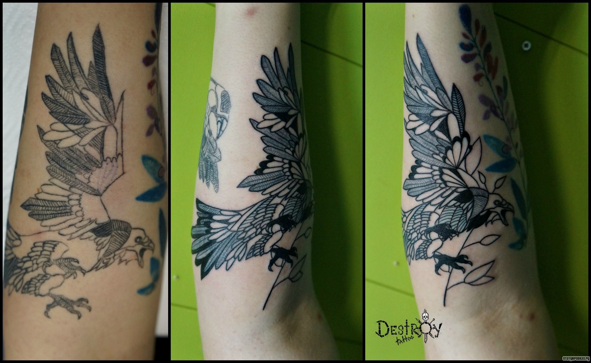 Фотография татуировки под названием «Птица в виде цветов»