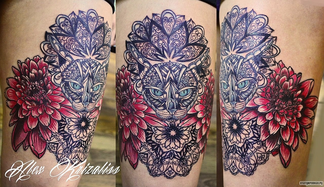 Фотография татуировки под названием «Узор кота с цветами»