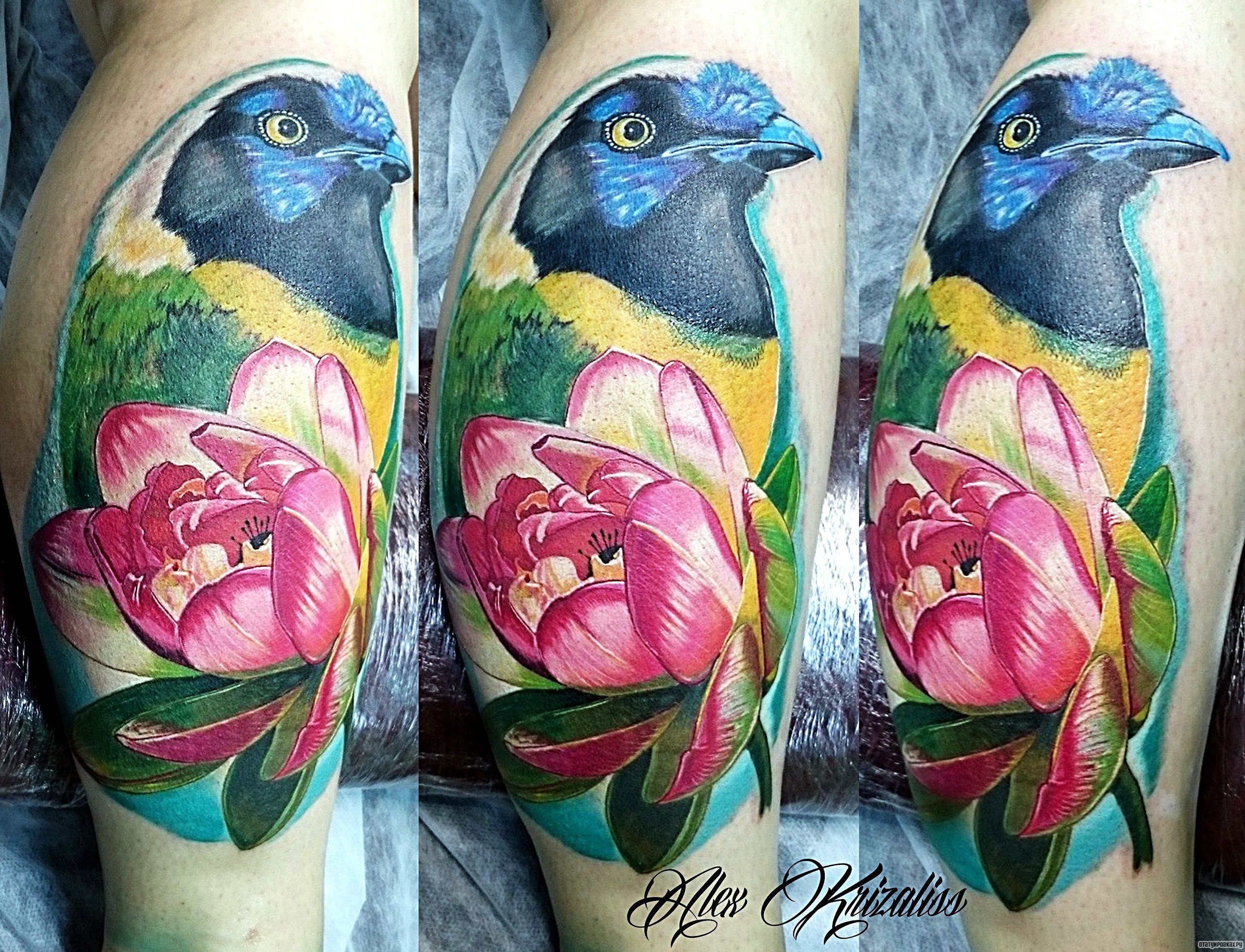 Фотография татуировки под названием «Птица и цветок»