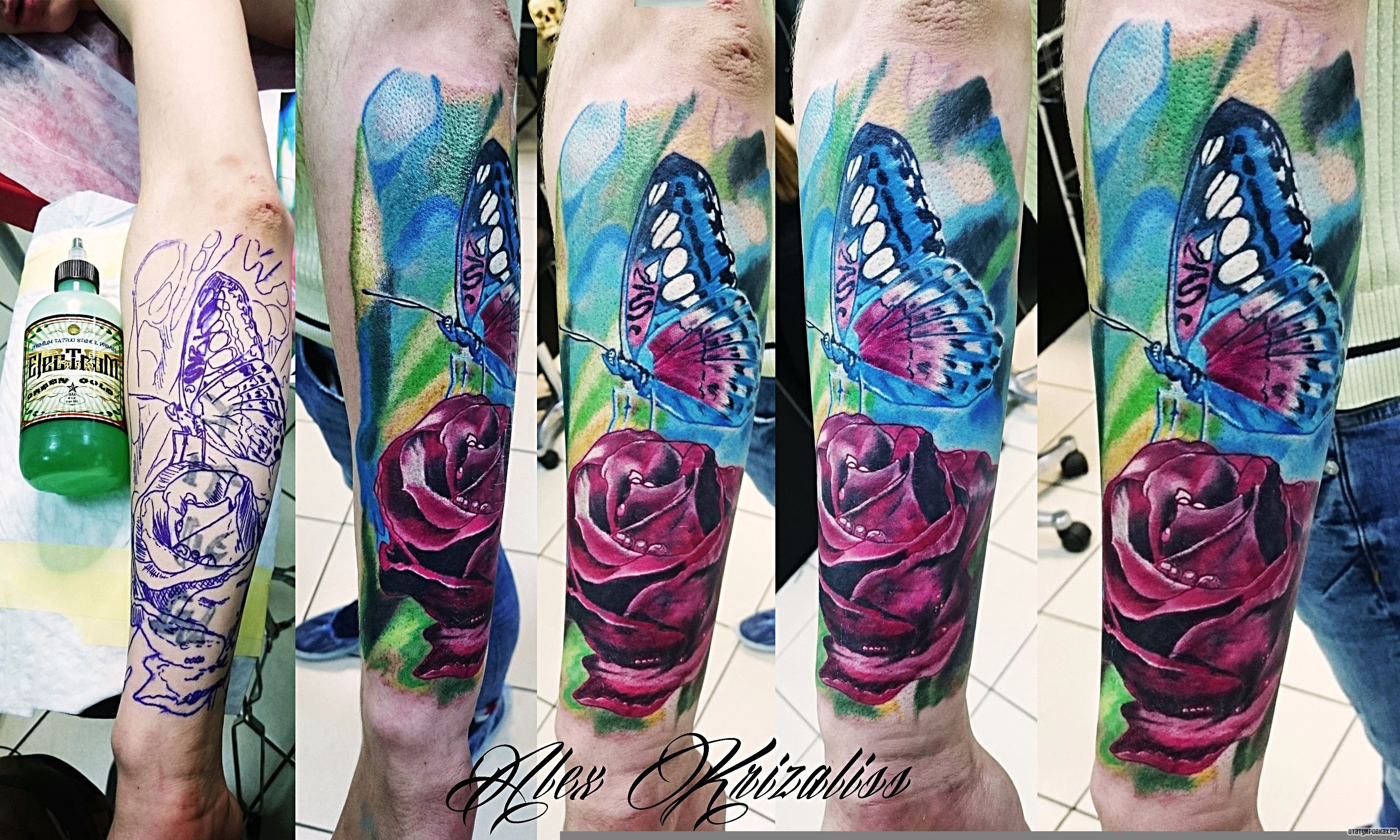 Фотография татуировки под названием «Бабочка на розе»