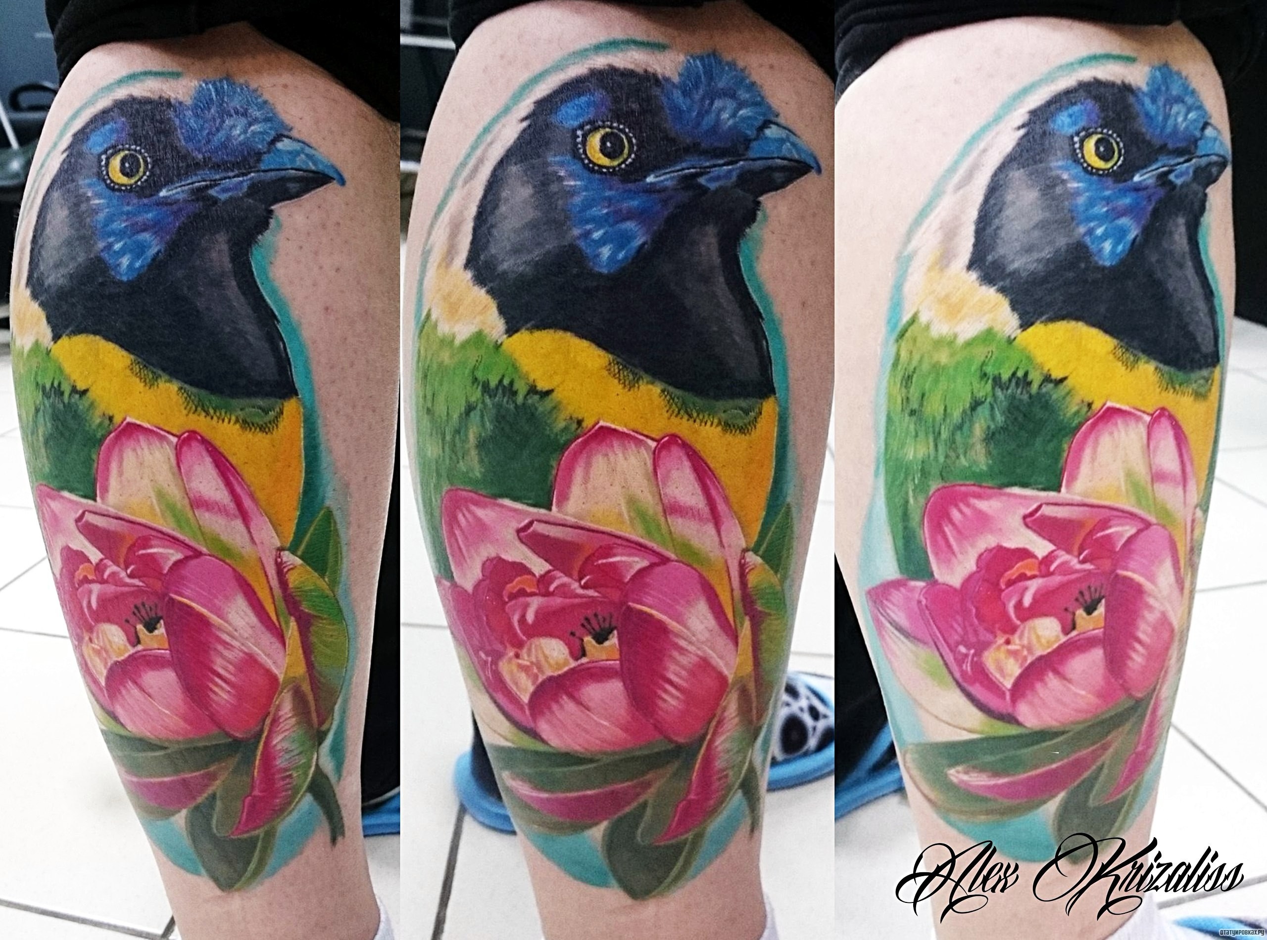 Фотография татуировки под названием «Птица и цветок»