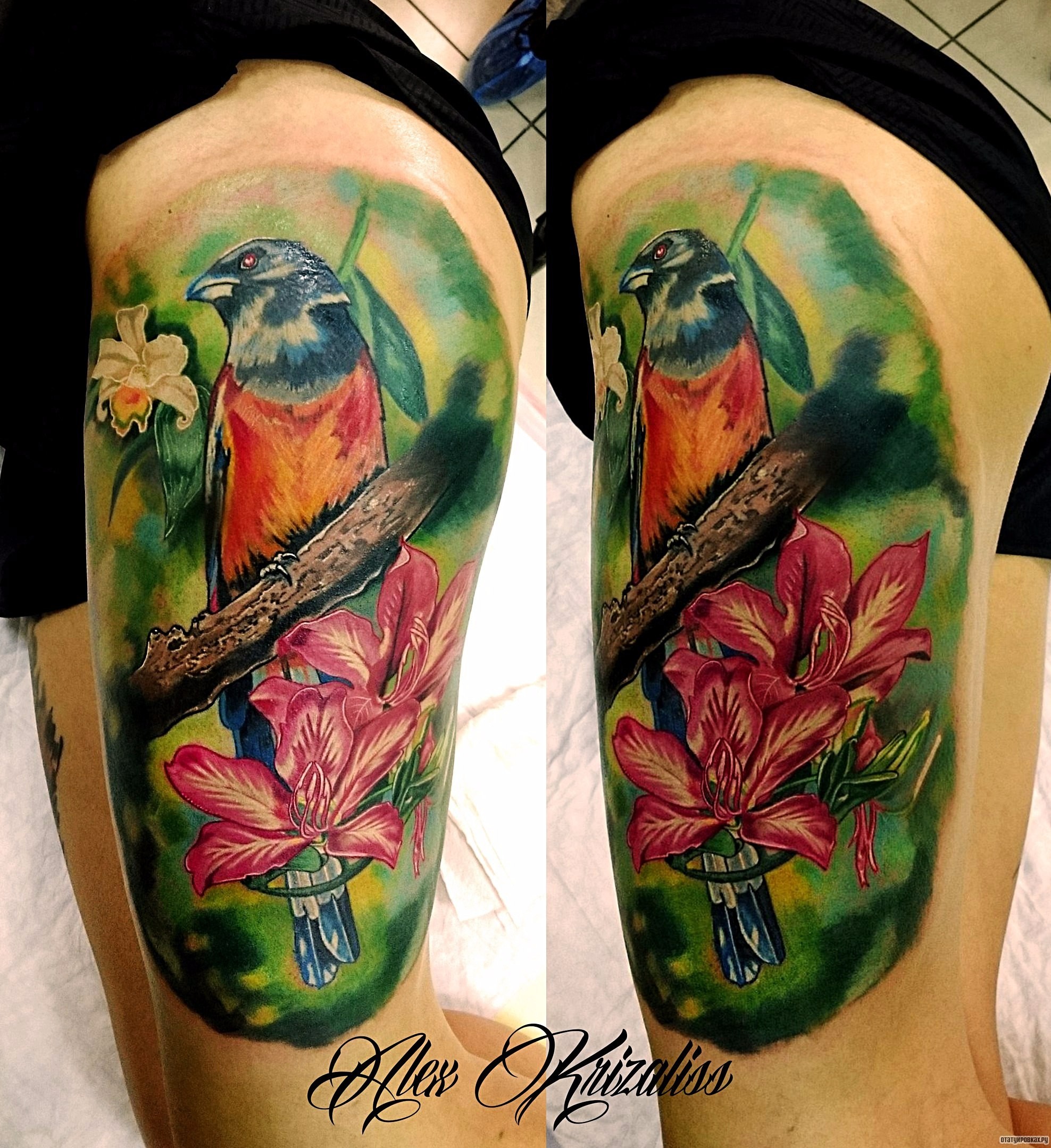 Фотография татуировки под названием «Птица на ветке и лилии»