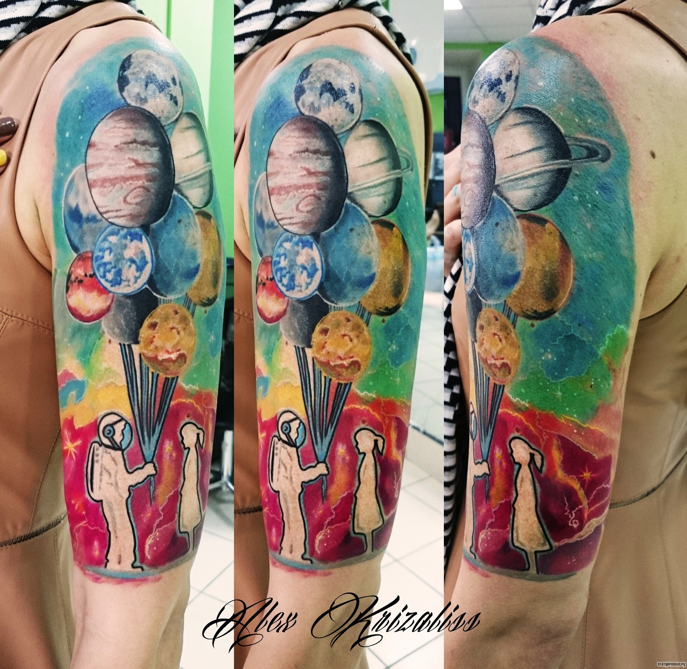 Фотография татуировки под названием «Космонавт с букетом планет»