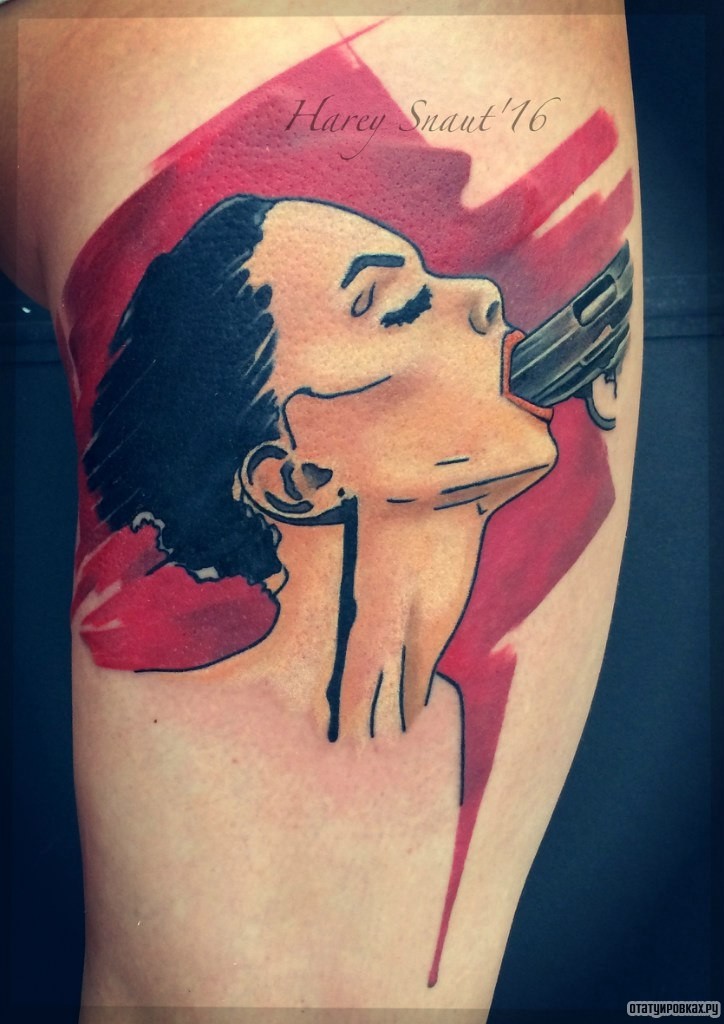 Фотография татуировки под названием «Девушка с пистолетом во рту»