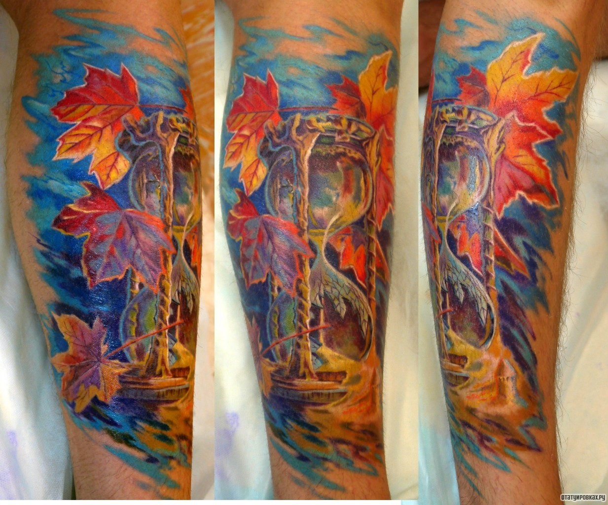 Фотография татуировки под названием «Песочные часы и кленовые листья»