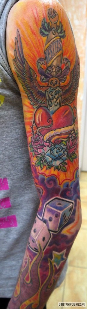 Фотография татуировки под названием «Кубики, розы, сердце»