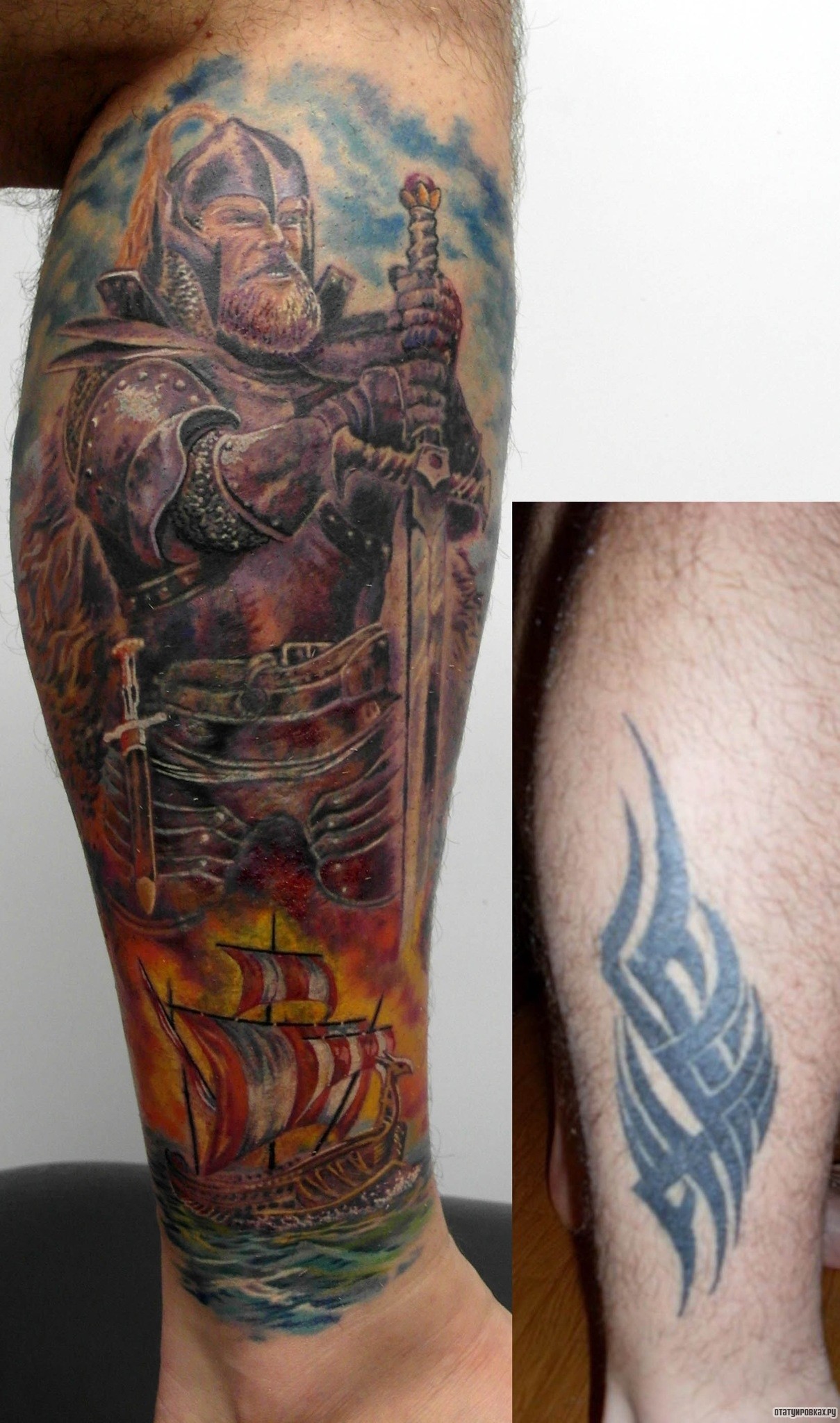 Фотография татуировки под названием «Русский воин и корабль»