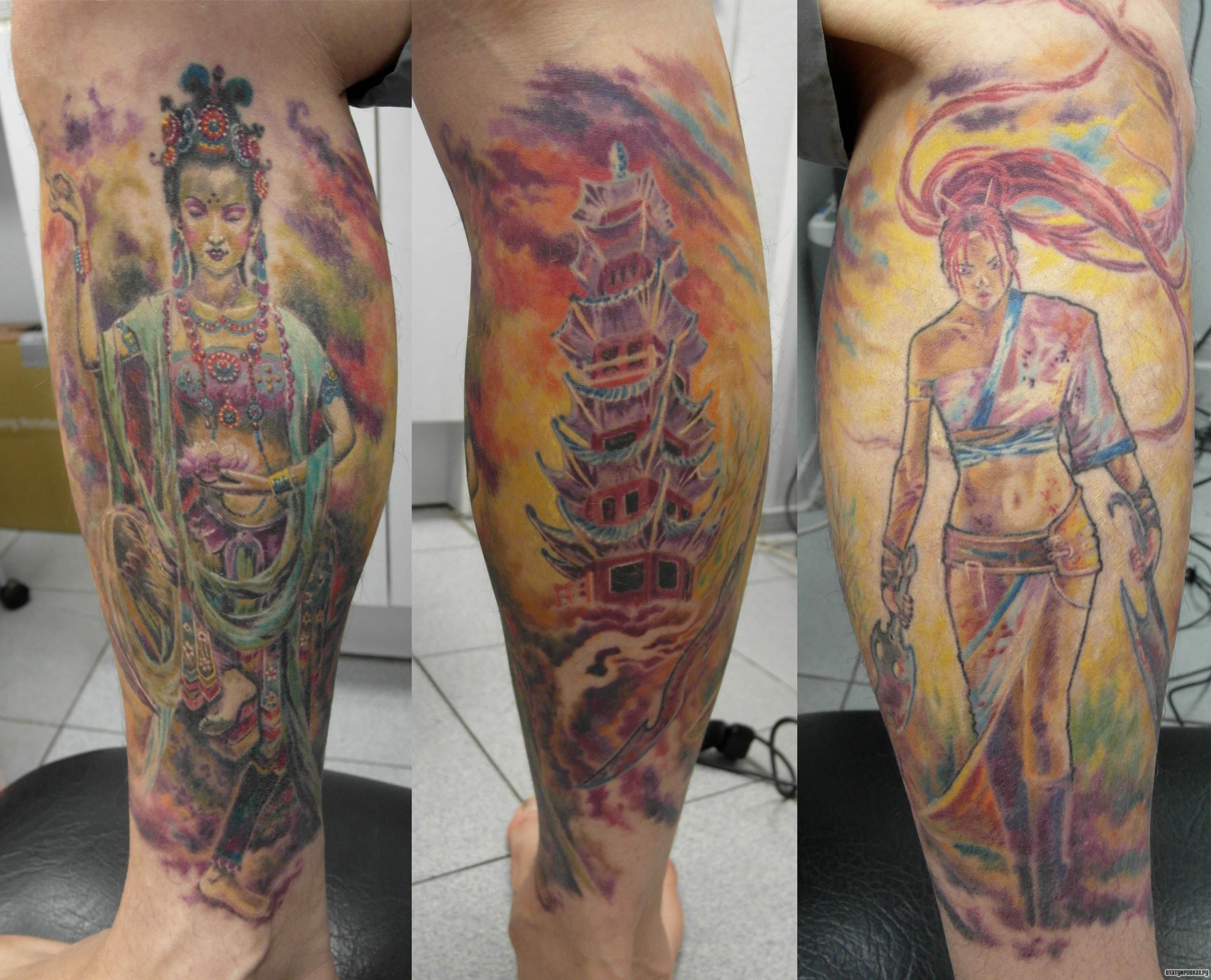Фотография татуировки под названием «Девушка, Будда и корабль»