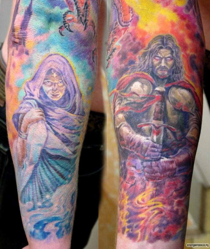 Фотография татуировки под названием «Воин и девушка»