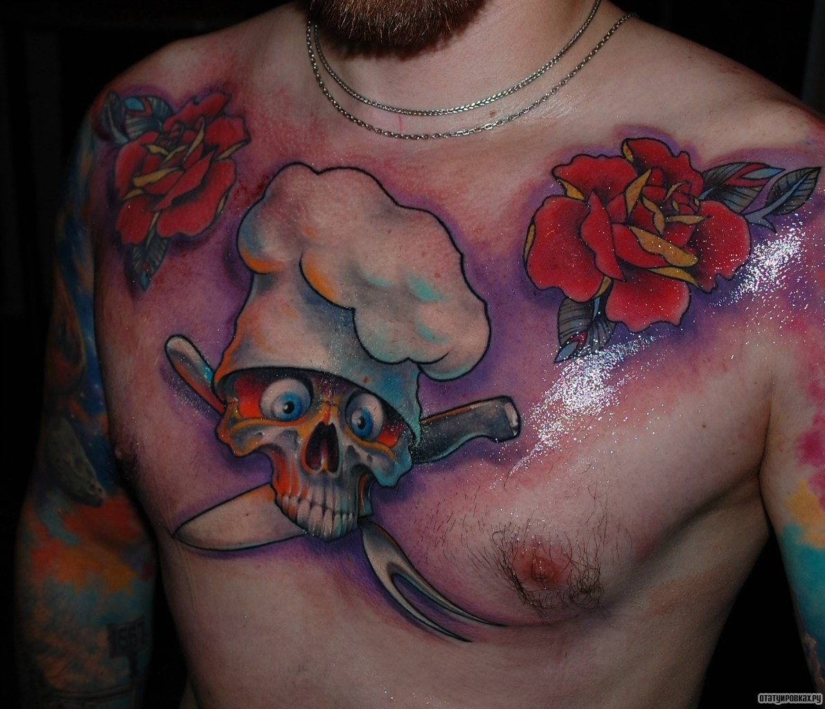Фотография татуировки под названием «Череп повар с роза»