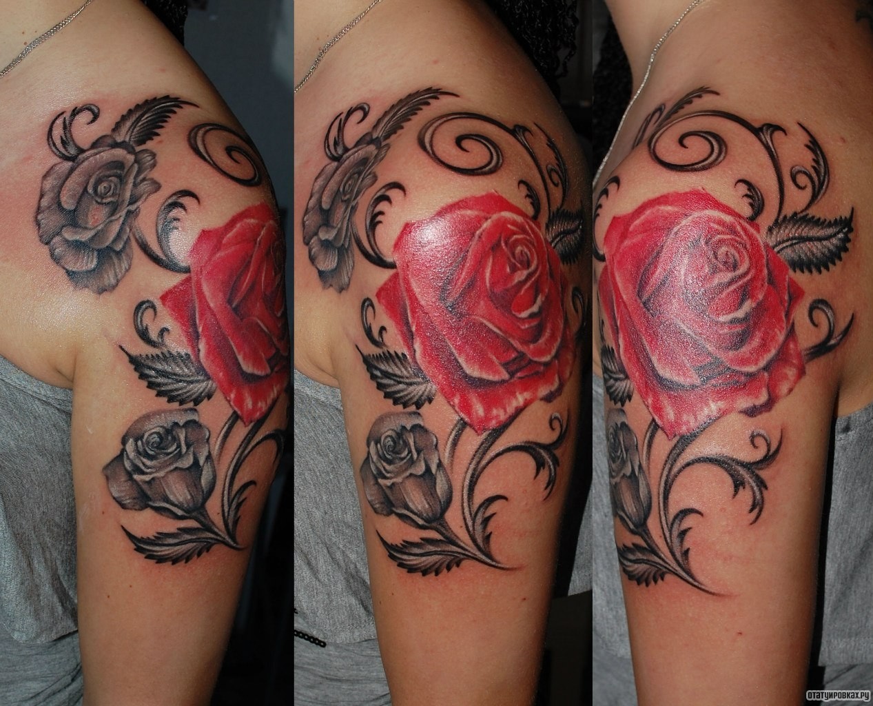 Фотография татуировки под названием «Роза и узоры»
