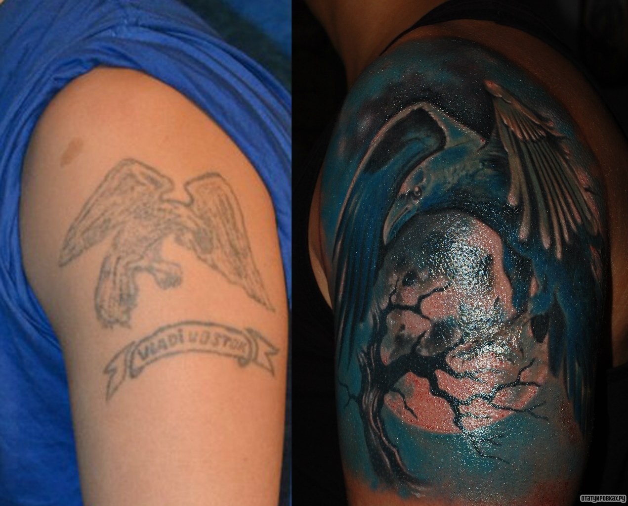Фотография татуировки под названием «Ворон на фоне дерева»