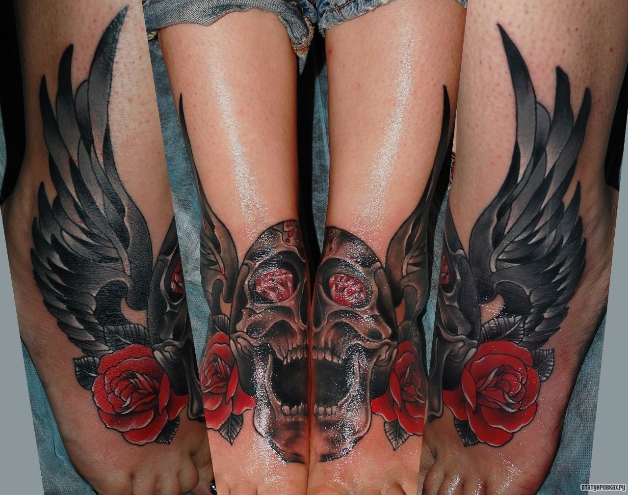Фотография татуировки под названием «Череп с крыльями и розой»