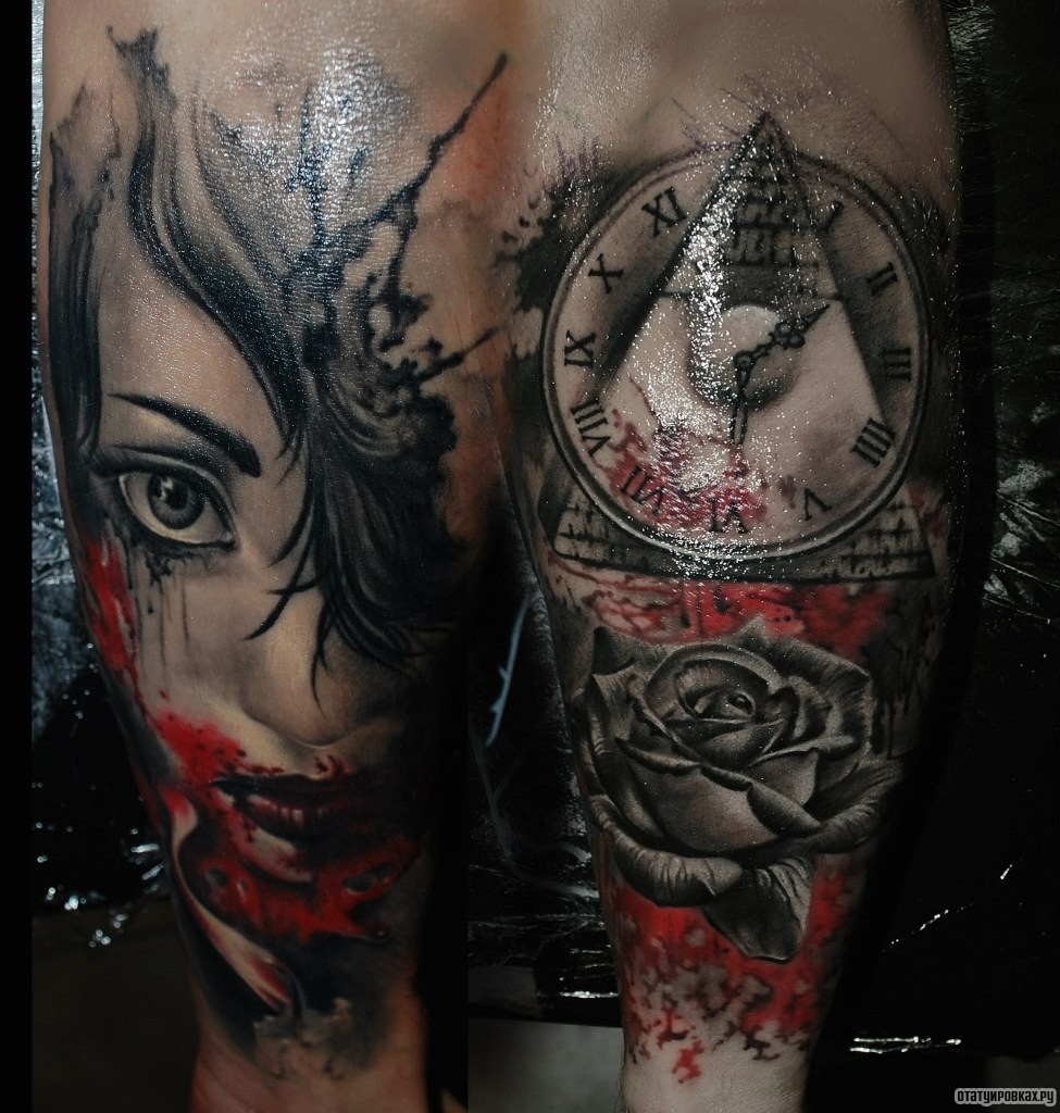Фотография татуировки под названием «Часы, пирамида и роза с лицом девушки»