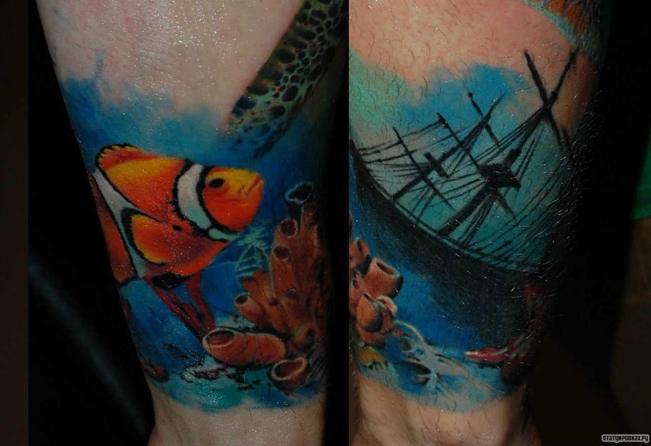 Фотография татуировки под названием «Корабль и рыба»