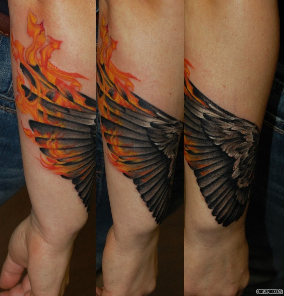 Фотография татуировки под названием «Крыло в огне»