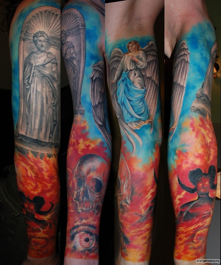 Фотография татуировки под названием «Архангел над огнем»