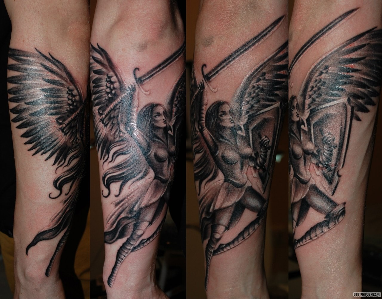 Фотография татуировки под названием «Девушка с крыльями и мечом»