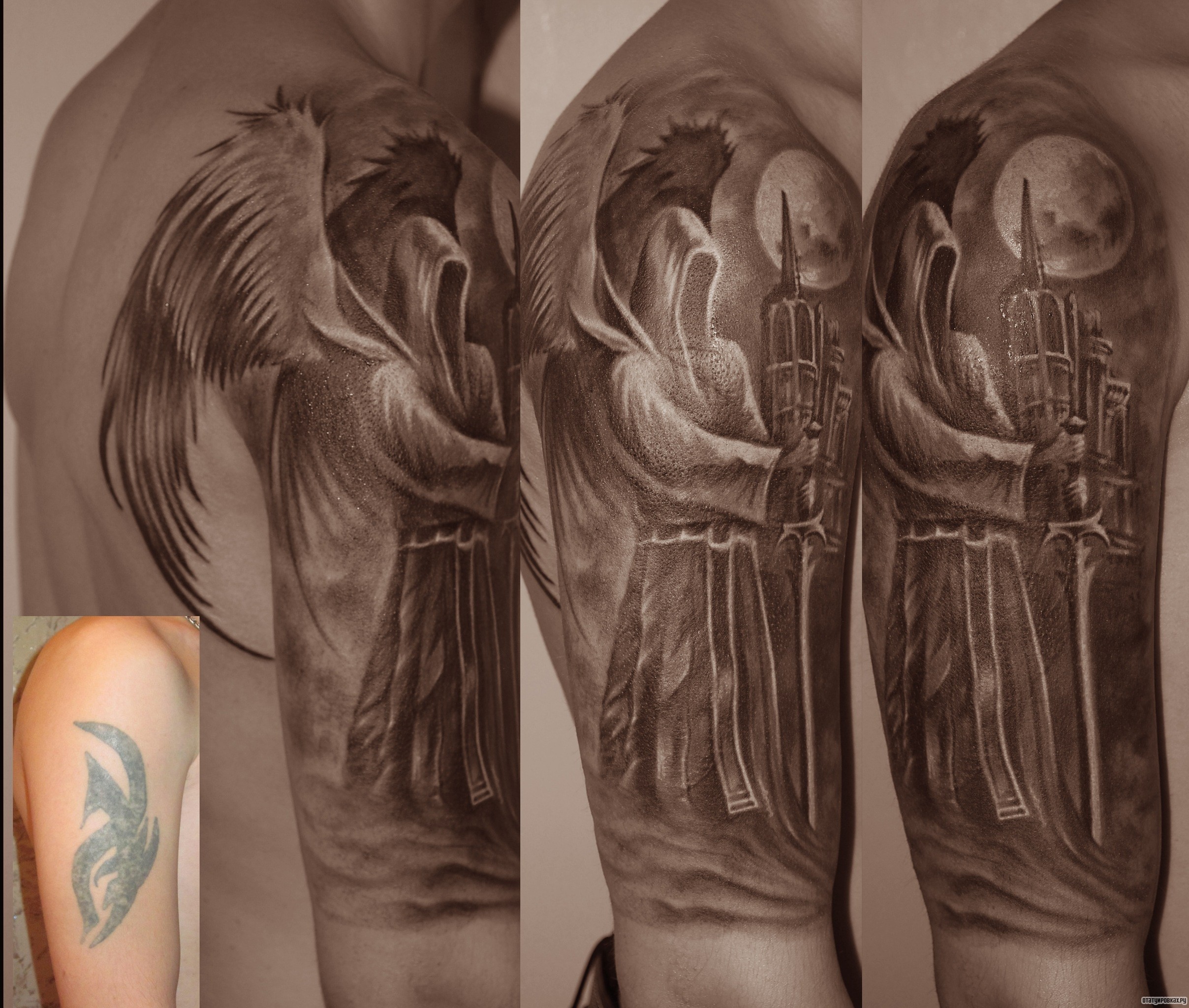 Фотография татуировки под названием «Архангел с мечом на фоне замка»